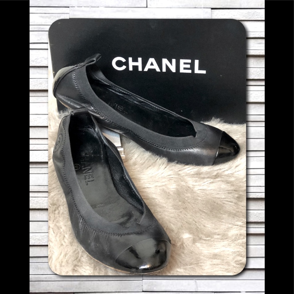 VTG Chanel Leather/Elastic Ballet Flats Black 38.5
